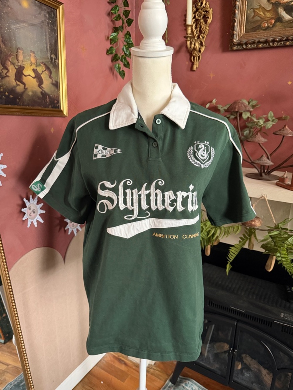 High Quality Slytherin Green Rugby Polo Shirt with White Collar